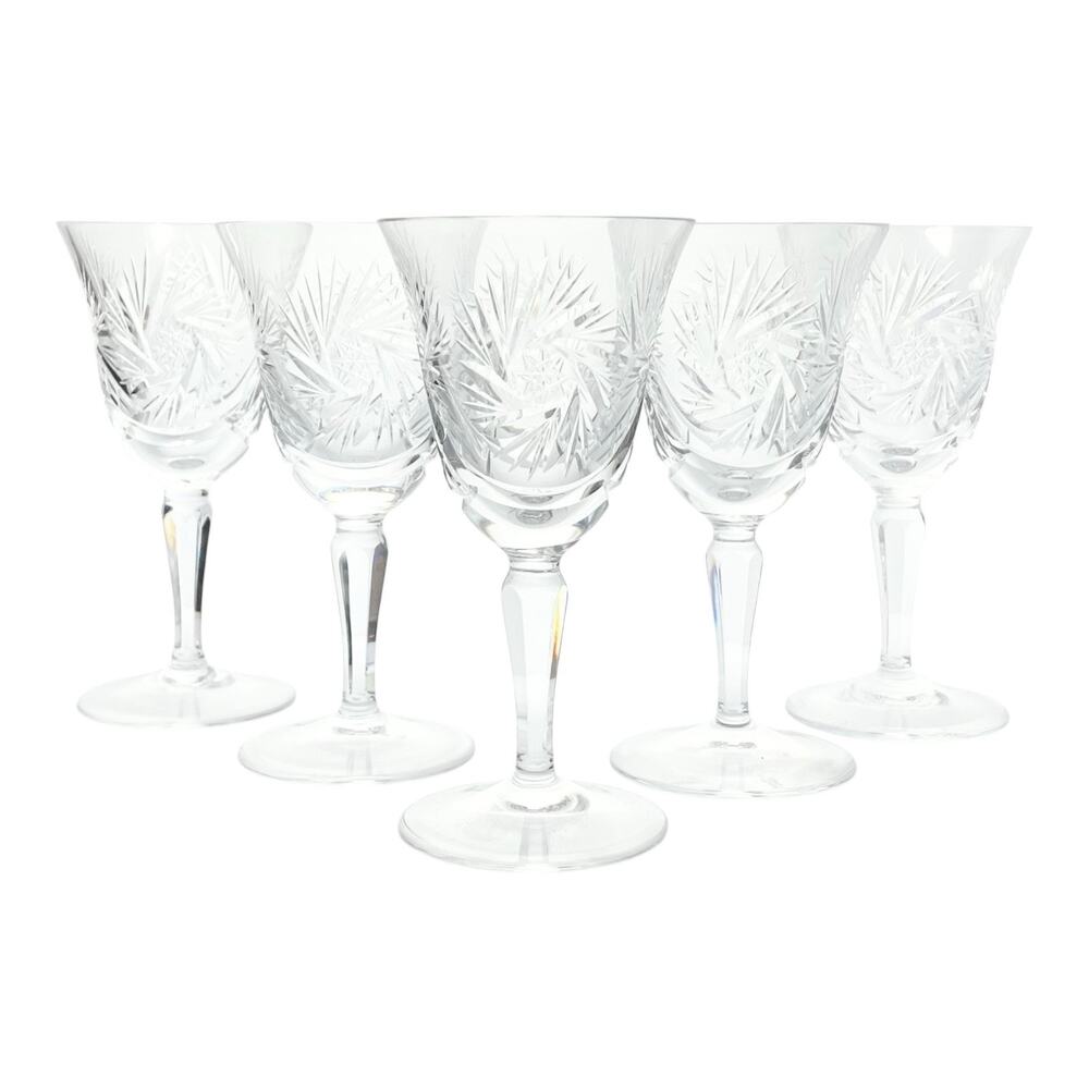 1950s Vintage American Swirl Star & Fan Cut 5 Crystal Wine Glasses 6 1/8” 5oz